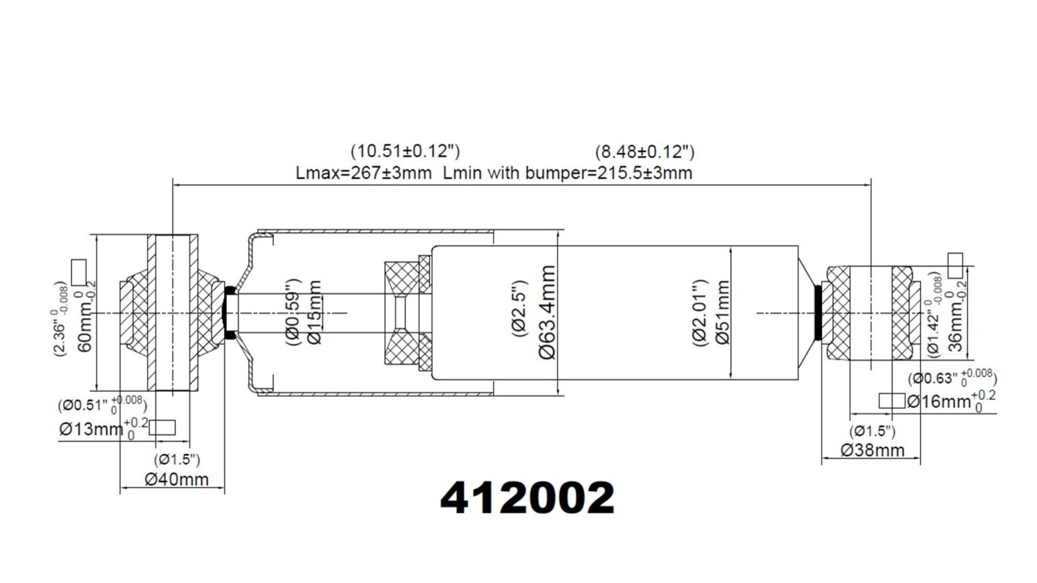 RESCO 412002 technical dimension drawing — Lmax 267 mm, Lmin 215.5 mm