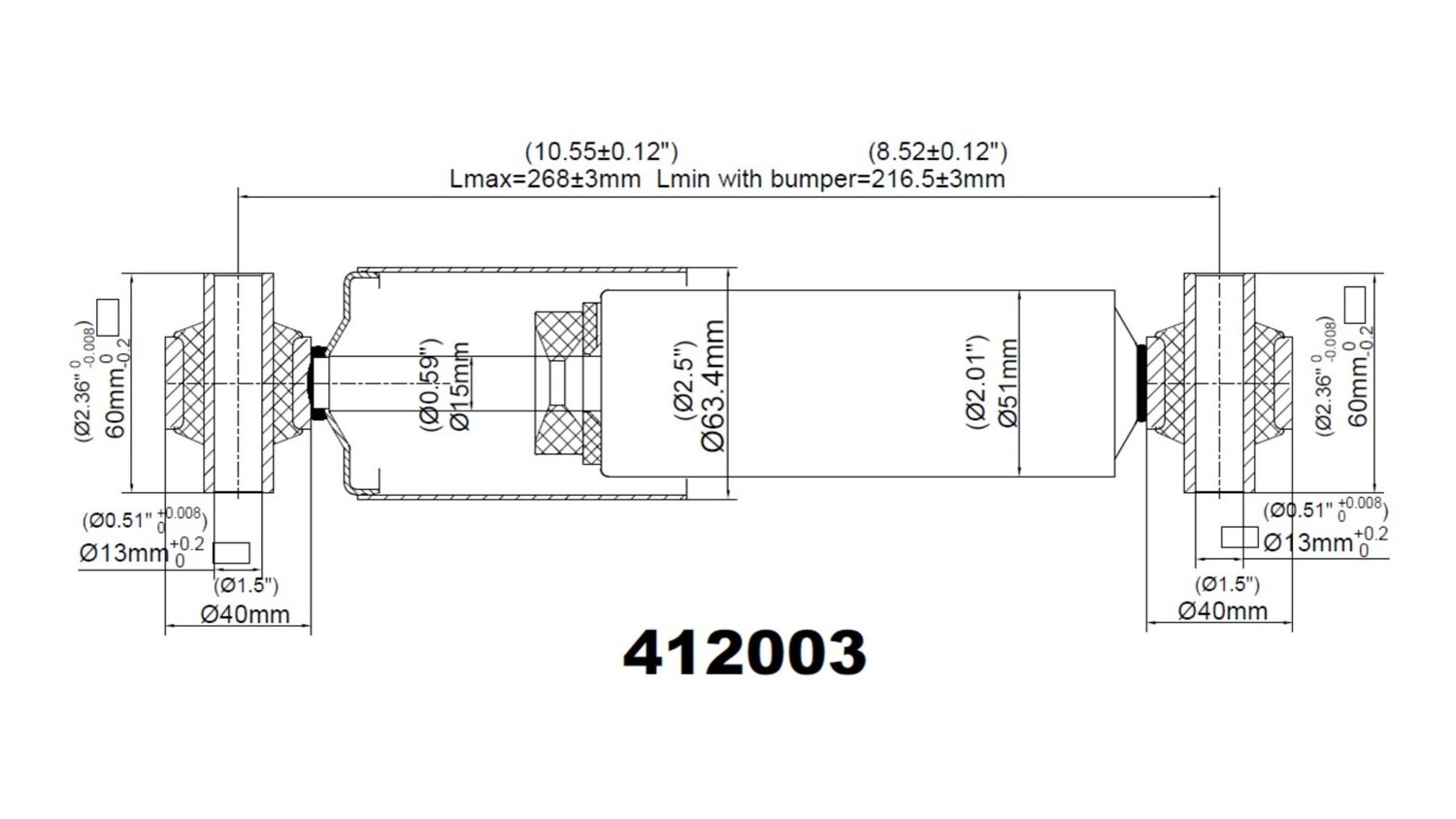 RESCO 412003 technical dimension drawing — Lmax 268 mm, Lmin 216.5 mm
